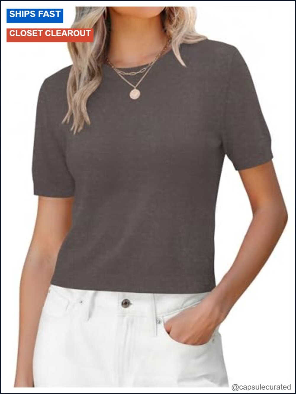 Cashmere Wool Blend Short Sleeve Crop Crewneck Sweater